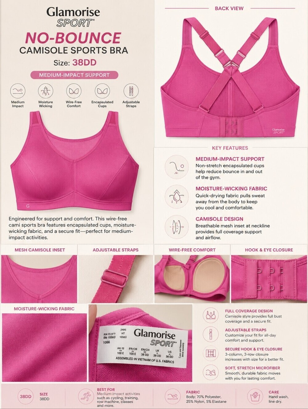 Glamorise No-Bounce Camisole Sport Bra Rose Velvet - 38DD